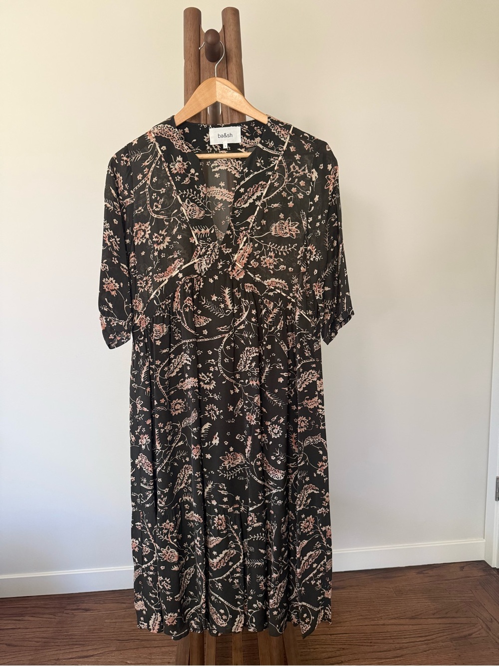 ba&sh Floral Paisley Print V-Neck Midi Dress Black Blush (Size 1 / US S)